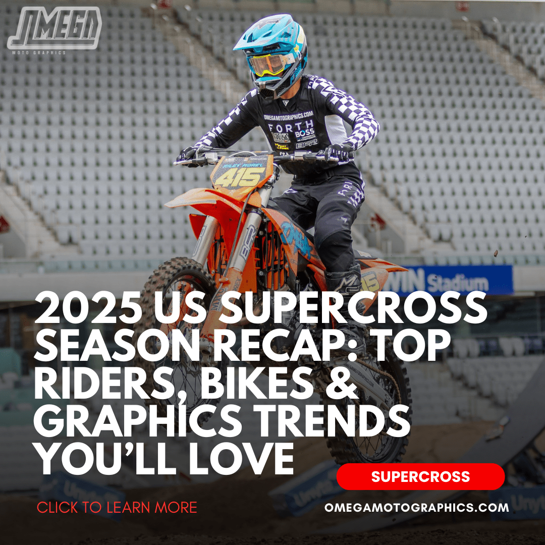 A dirt bike with custom metallic blue graphics on the track during the 2025 US Supercross season, showcasing bold designs and cutting-edge style trends.