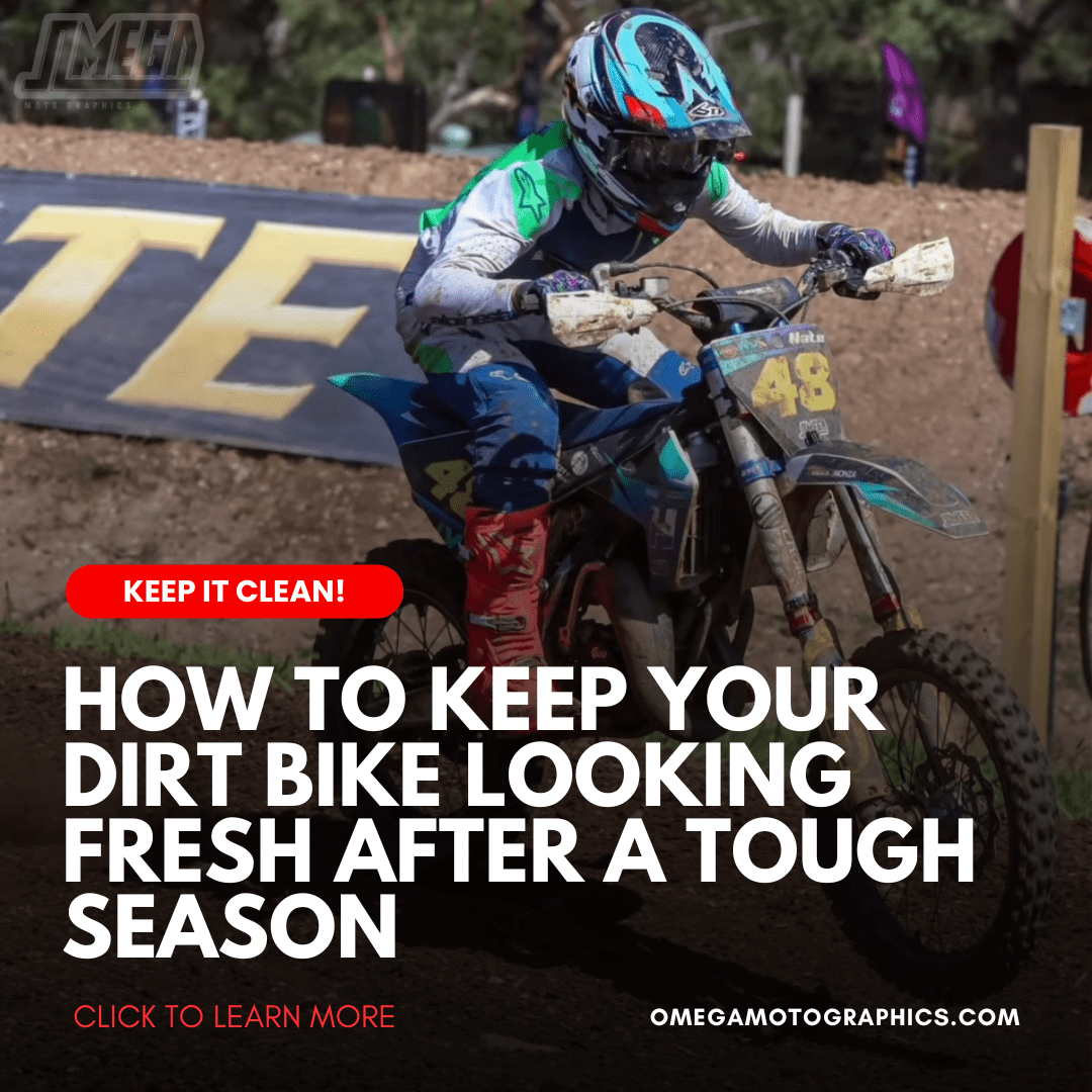 A dirt bike being cleaned and inspected after a tough riding season, focusing on maintaining graphics, fork seals, and overall durability.