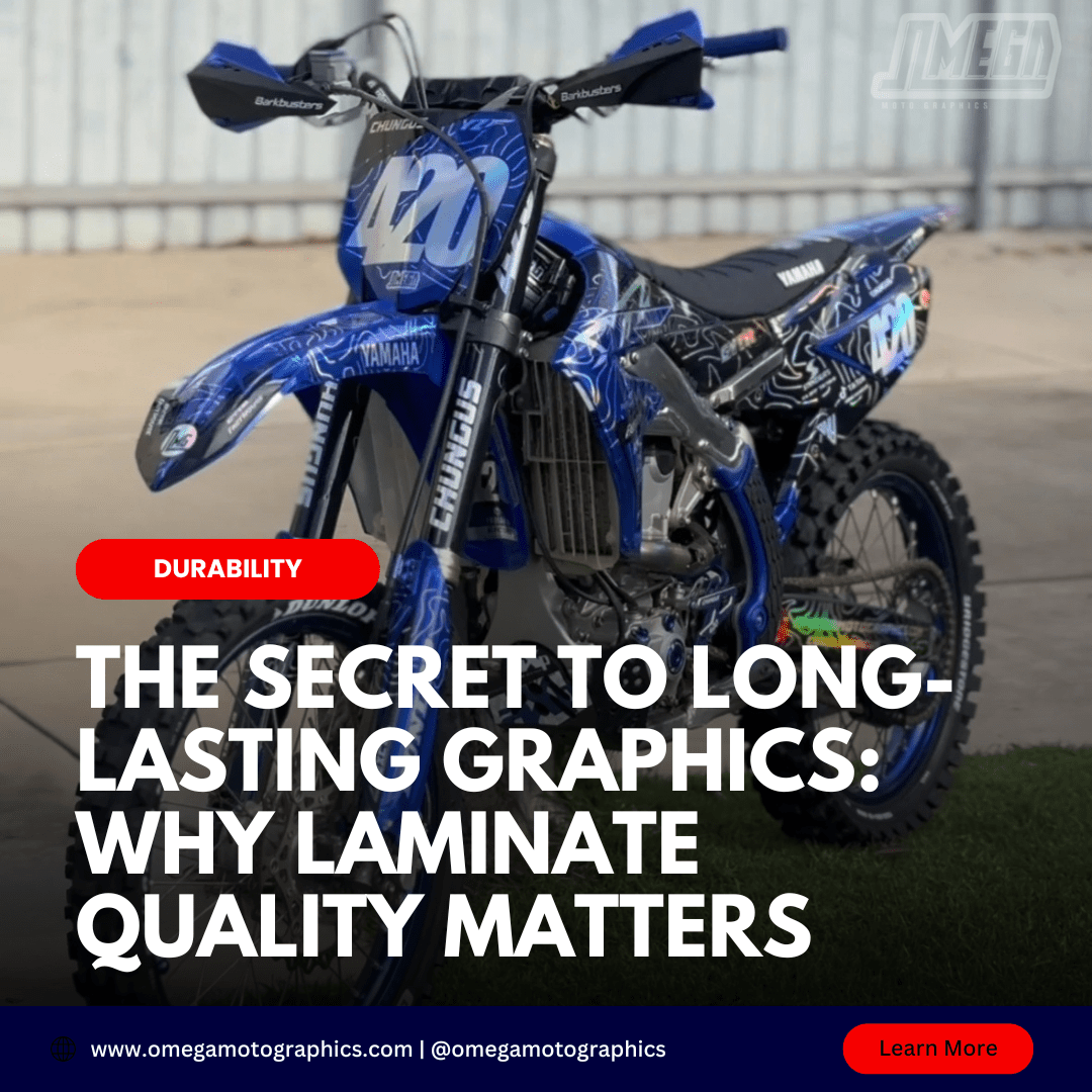 Close-up of durable dirt bike graphics featuring high-quality laminate options, including glossy, matte, glitter, and textured finishes, designed to withstand harsh motocross and Hard Enduro conditions.