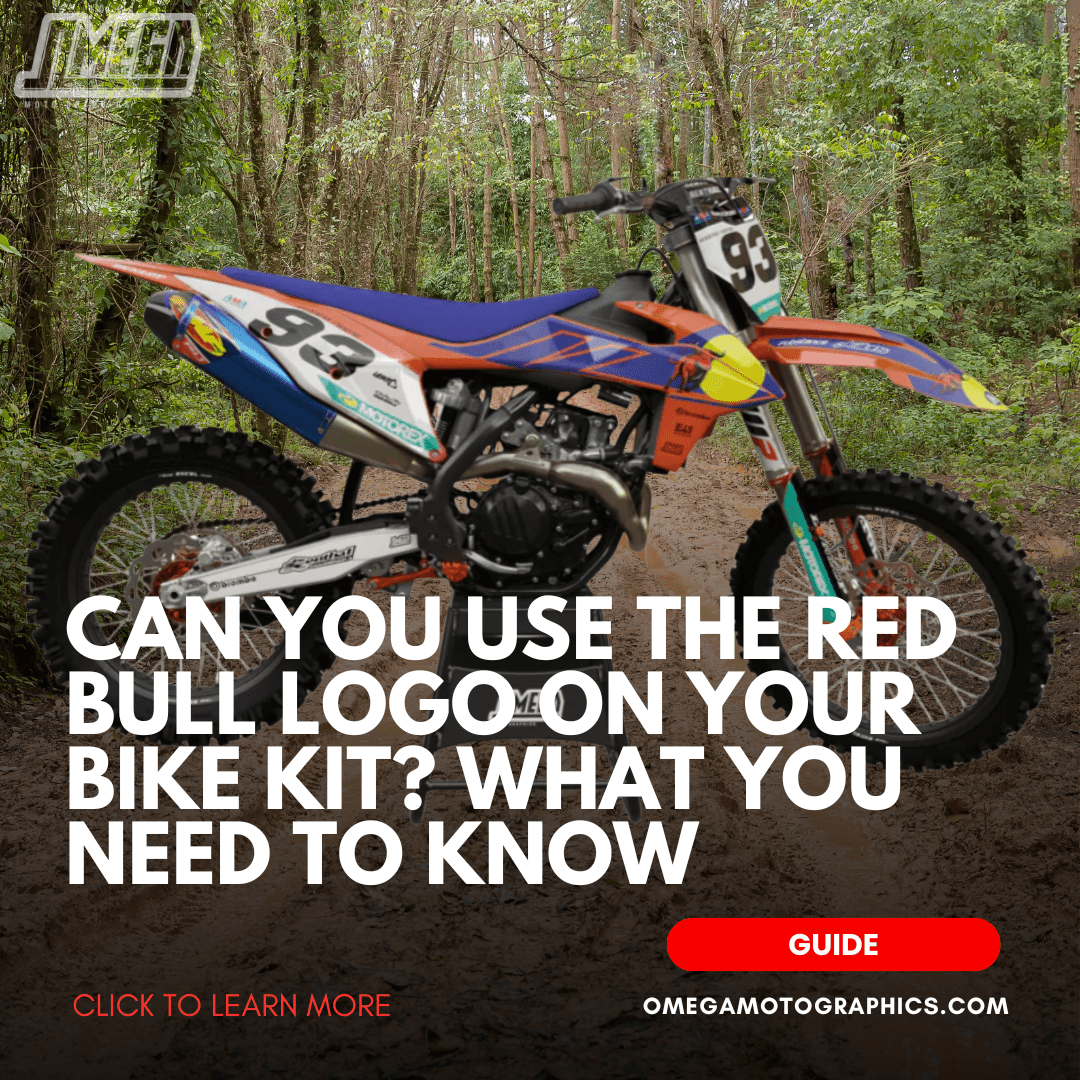 Dirt bike with custom graphics kit inspired by Red Bull style, parked on forest trail, promoting legal use of Red Bull logo on bike kits.