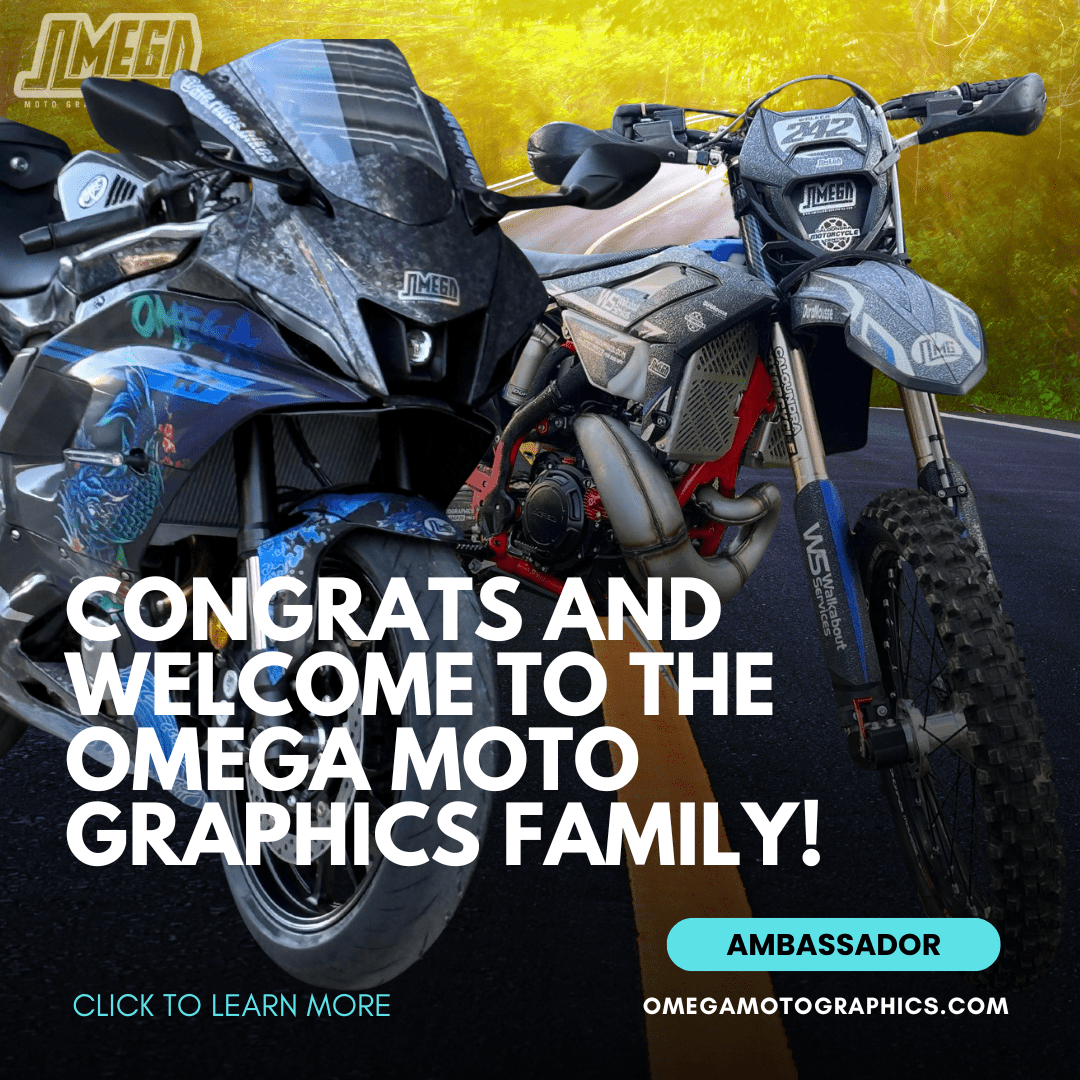 Two custom Omega Moto bikes with bold graphics, welcome message for new ambassadors, and website link.