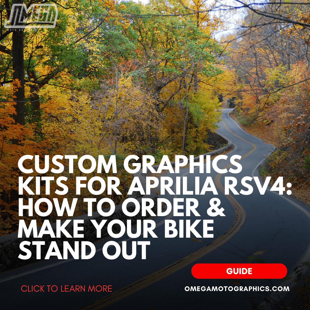 Scenic winding road through autumn trees with bold text overlay: "Custom Graphics Kits for Aprilia RSV4: How to Order & Make Your Bike Stand Out" – Omega Moto Graphics.