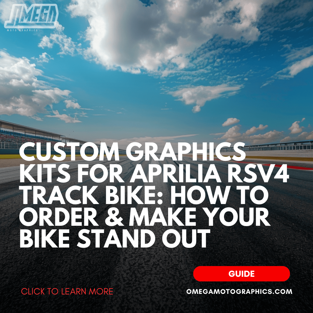 Aprilia RSV4 Track bike with custom graphics kit by Omega Moto Graphics, featuring Holo, Chrome, or Plain print media and Gloss, Matte, or Glitter laminate on a racetrack.