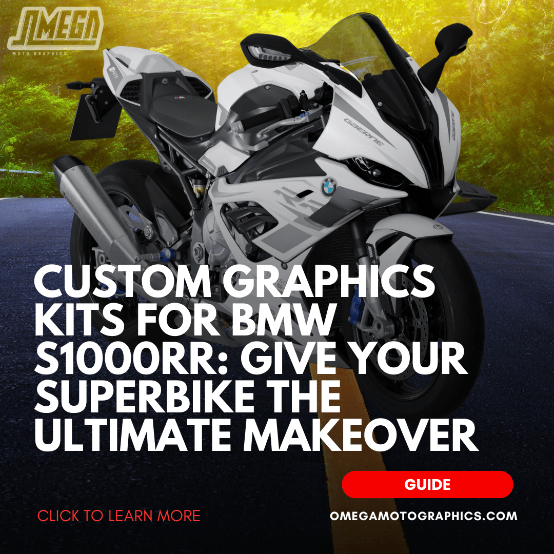 BMW S1000RR superbike parked on a winding road with bold text overlay: "Custom Graphics Kits for BMW S1000RR: Give Your Superbike the Ultimate Makeover" – Omega Moto Graphics.