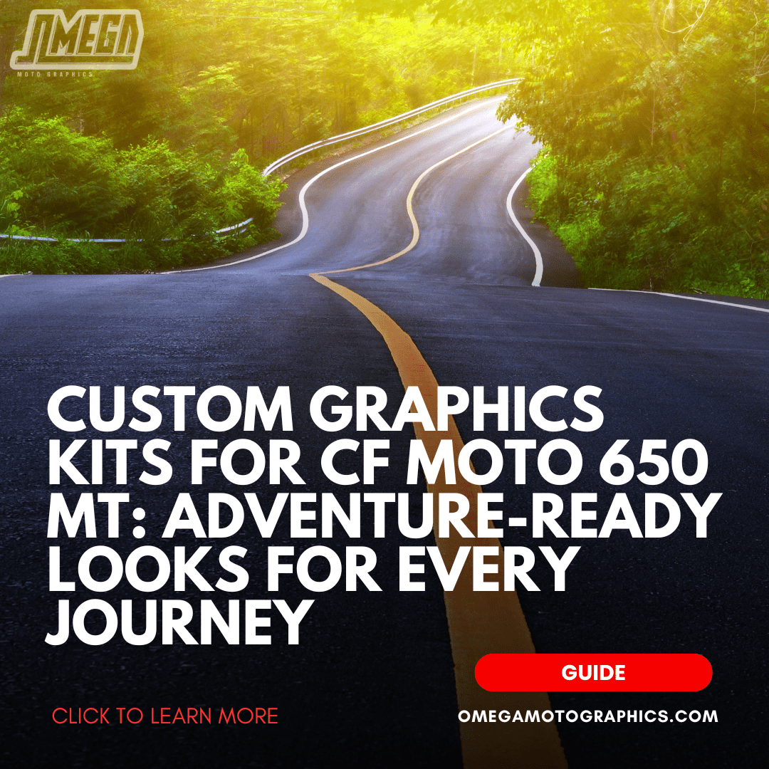 Sunlit winding road through lush green forest with bold text overlay: "Custom Graphics Kits for CF Moto 650 MT: Adventure-Ready Looks for Every Journey" – Omega Moto Graphics.