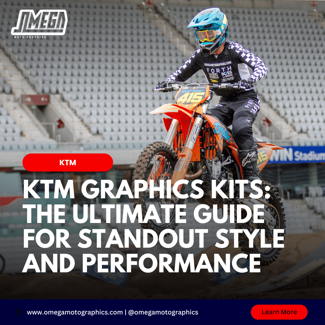 Motocross rider on KTM with custom Omega Moto Graphics kit, stadium background, and text: "KTM Graphics Kits: The Ultimate Guide for Standout Style and Performance.
