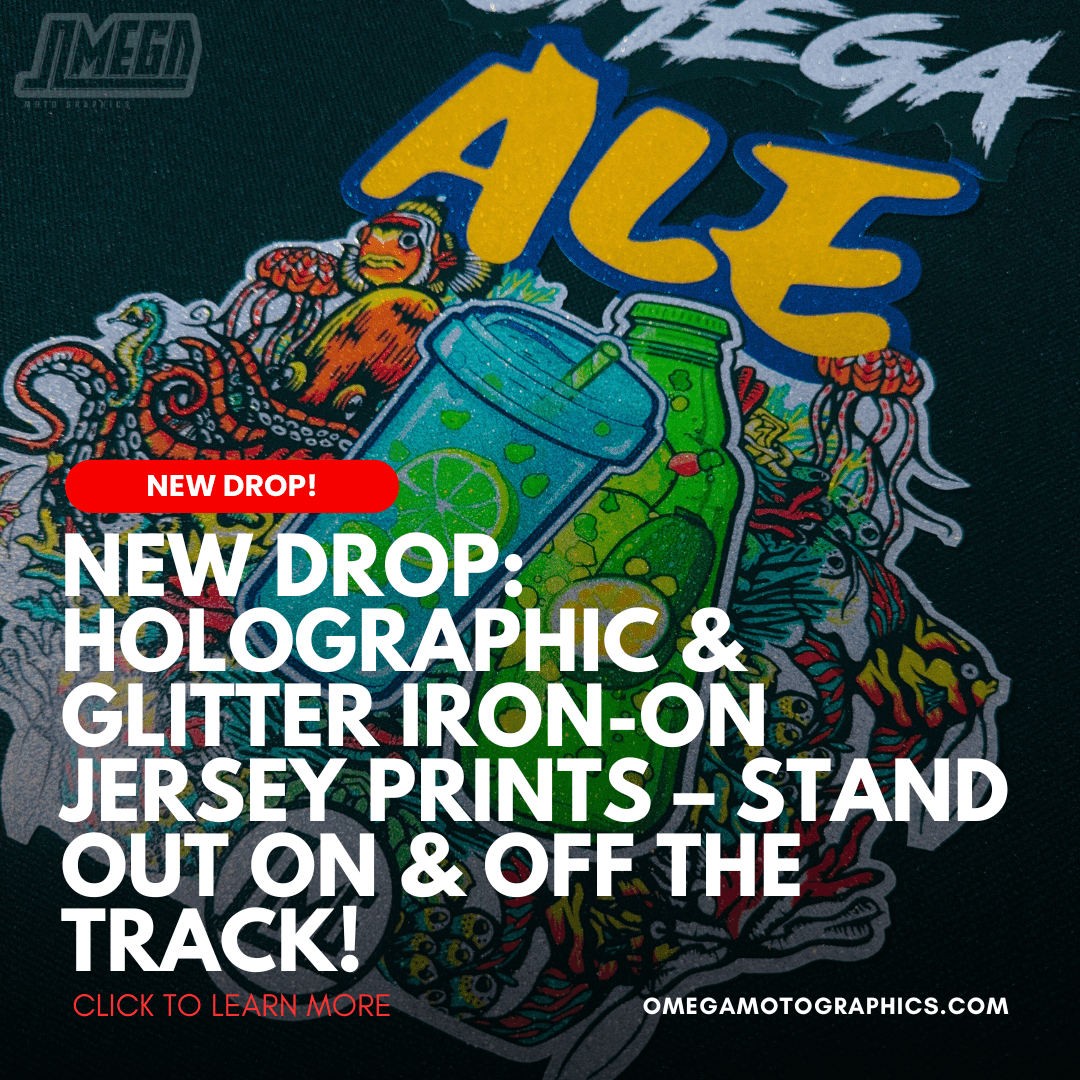 Close-up of glitter iron-on print on motocross jersey, showing bold and shiny detail