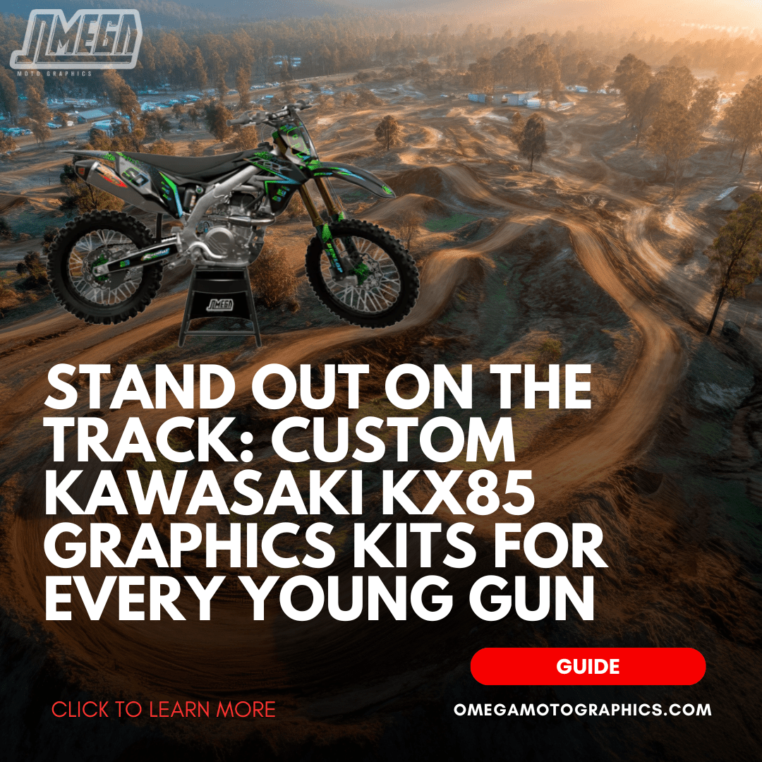 Kawasaki KX85 dirt bike with custom Omega Moto Graphics kit on a motocross track at sunrise, with bold text overlay: "Stand Out on the Track: Custom Kawasaki KX85 Graphics Kits for Every Young Gun".