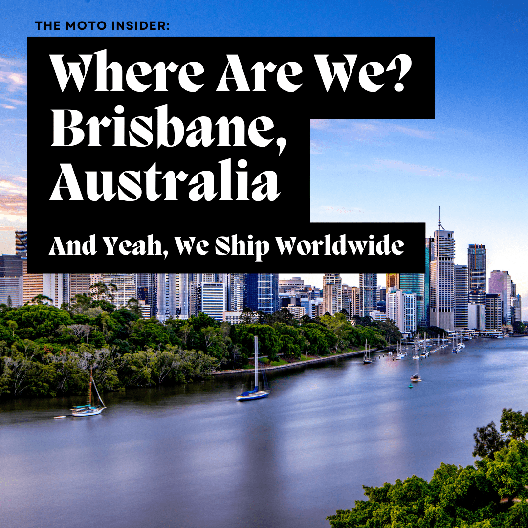 Brisbane skyline with river and boats, text reads 'Where Are We? Brisbane, Australia – And Yeah, We Ship Worldwide