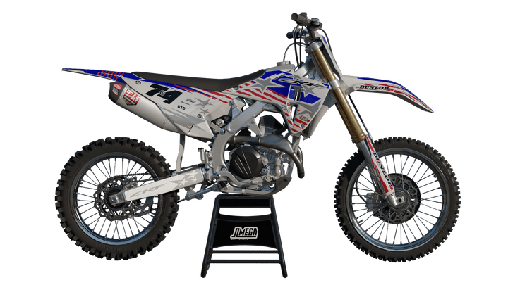 Maximalist blocked-star American flag dirt bike graphics kit, high impact