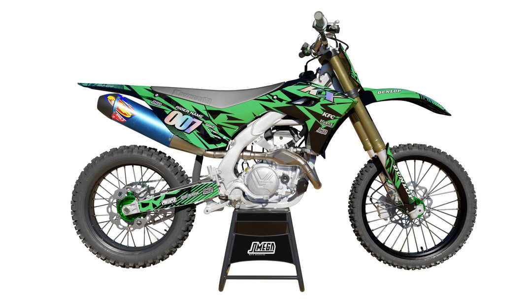 Green Chungus dirt bike graphics kit on a Kawasaki KX