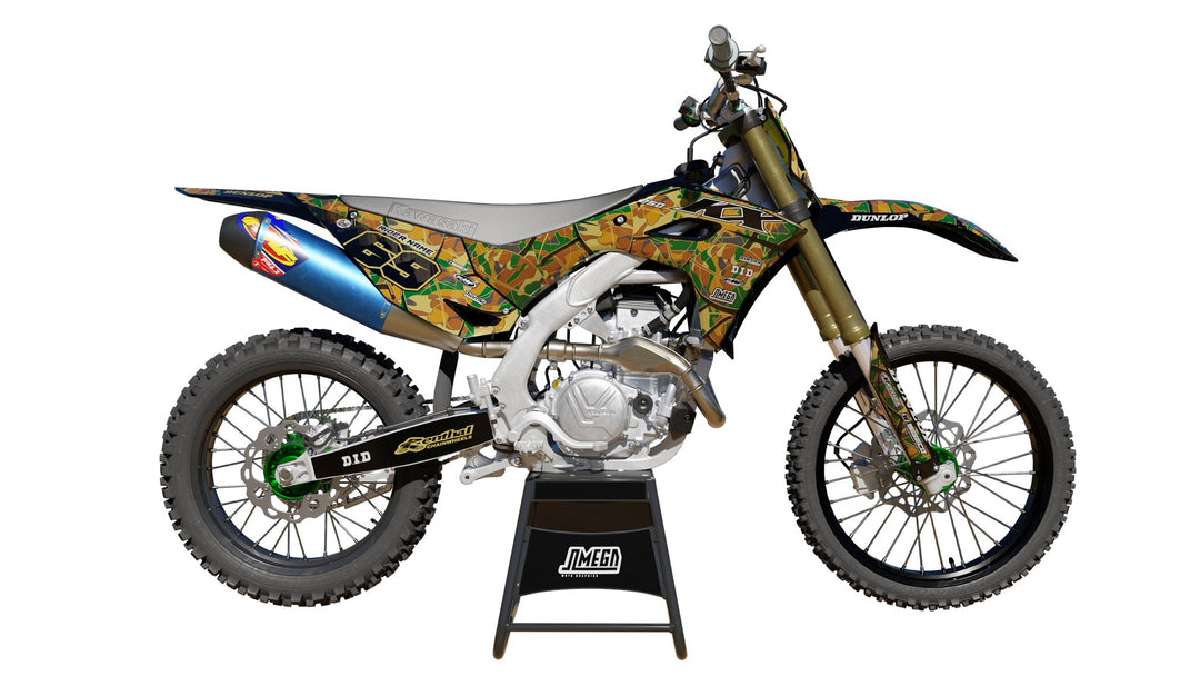 Leaf Camo dirt bike graphics kit on a Kawasaki KX 250