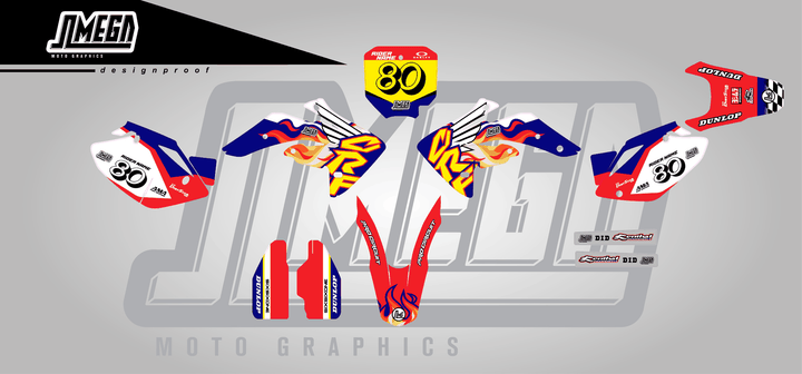honda crf 150r 90s retro cr style sticker kit flat lay
