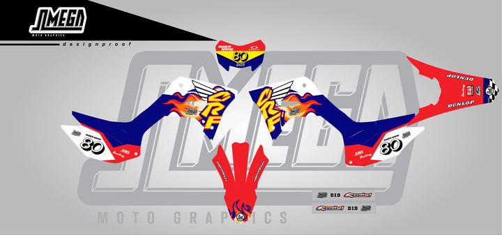 honda crf 250f 90s retro cr style sticker kit flat lay