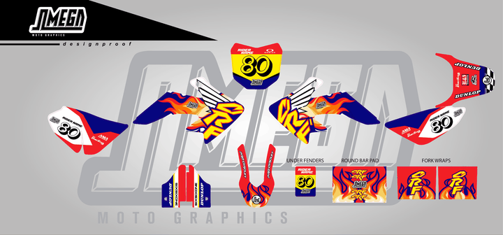 honda crf 50 90s retro cr style sticker kit flat lay
