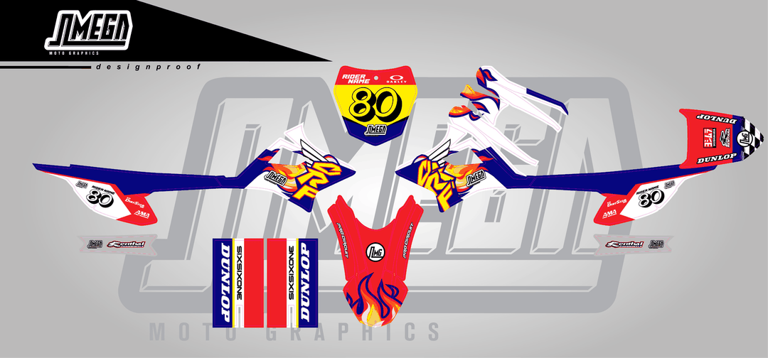 honda crf e2 90s retro cr style sticker kit flat lay