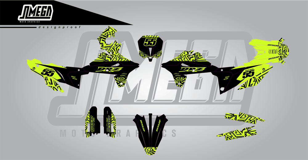 suzuki dr-z4s neon radix sticker kit flat lay