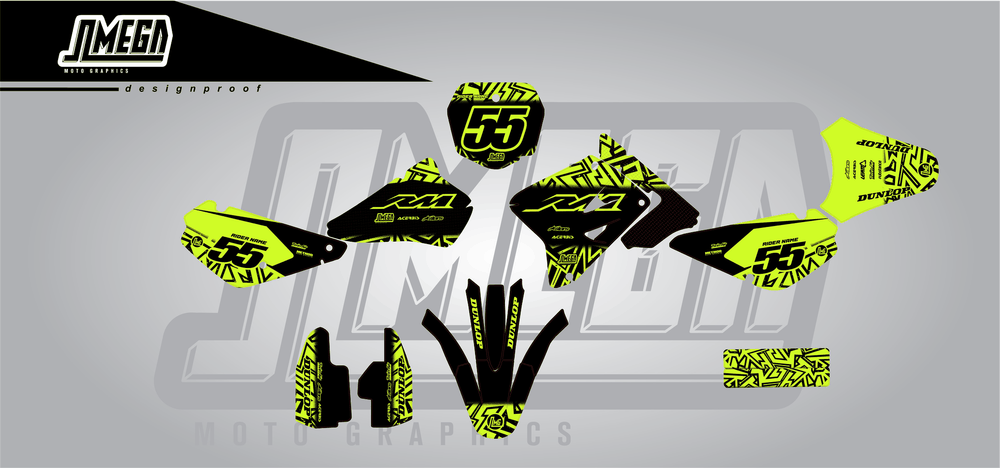 suzuki rm 85 neon radix sticker kit flat lay
