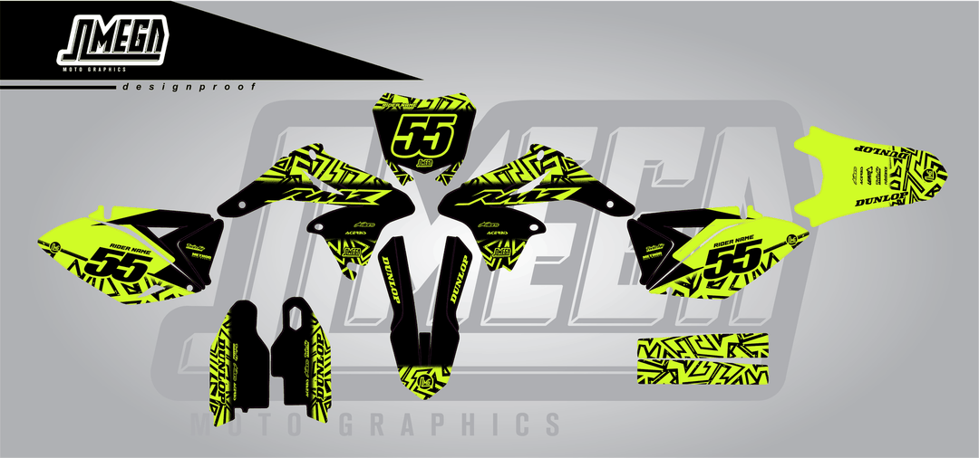 suzuki rmz 250 neon radix sticker kit flat lay