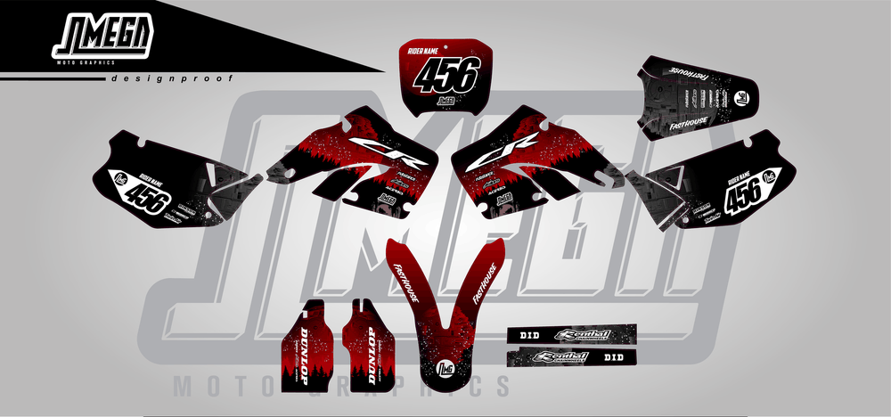 honda cr 250 red death star sticker kit flat lay