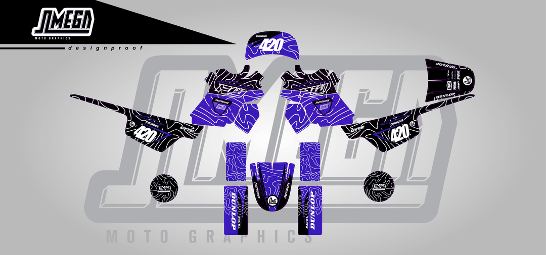 yamaha pw 50 blue chungus sticker kit flat lay