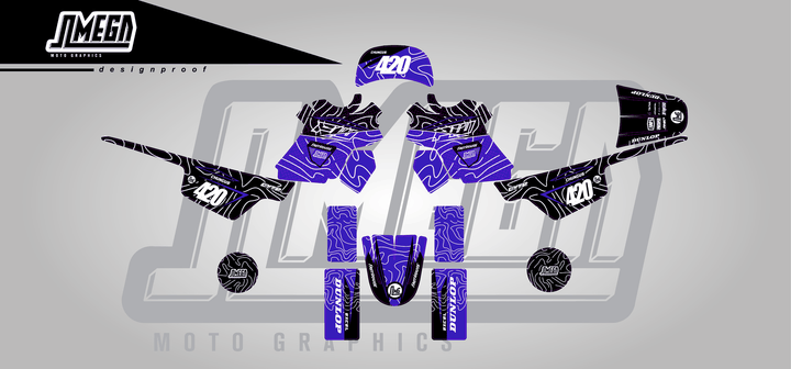 yamaha pw 50 blue chungus sticker kit flat lay