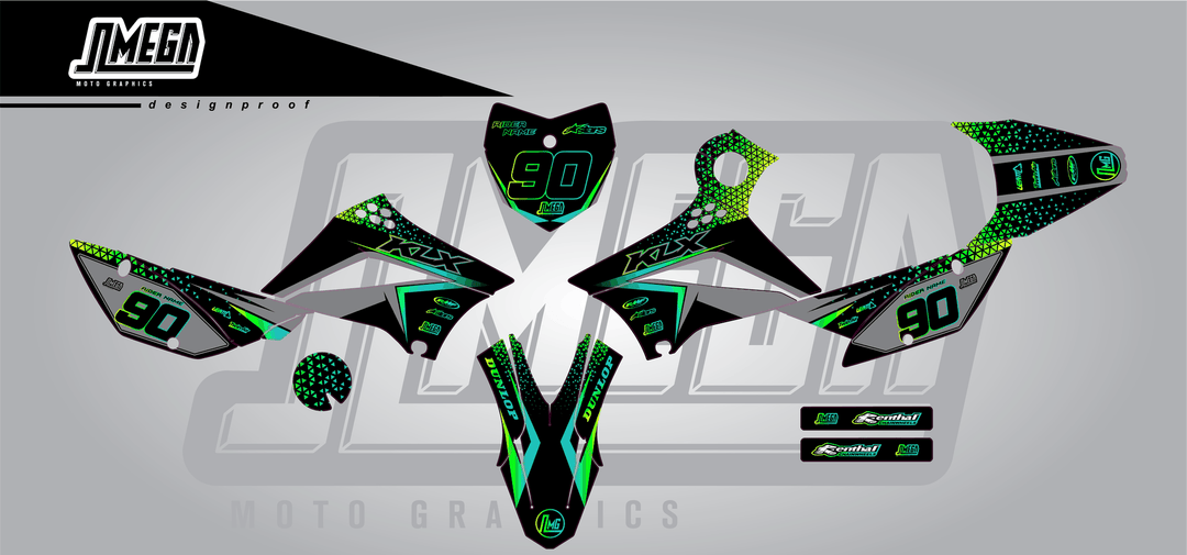 kawasaki klx 110 bright sticker kit flat lay