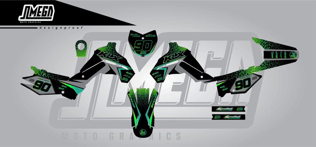 kawasaki klx 140 bright sticker kit flat lay