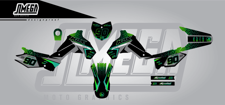 kawasaki klx 140 bright sticker kit flat lay