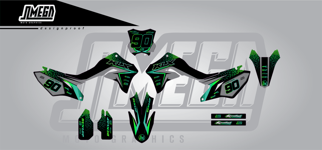 kawasaki klx 300r bright sticker kit flat lay