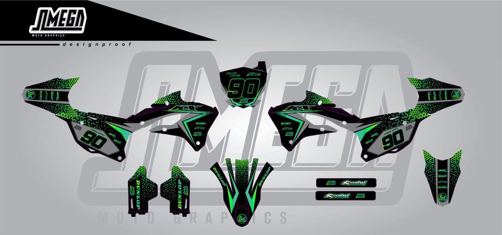 kawasaki kx 112 bright sticker kit flat lay