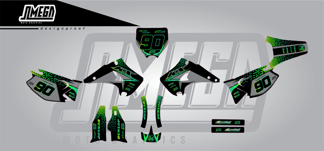 kawasaki kx 250 bright sticker kit flat lay