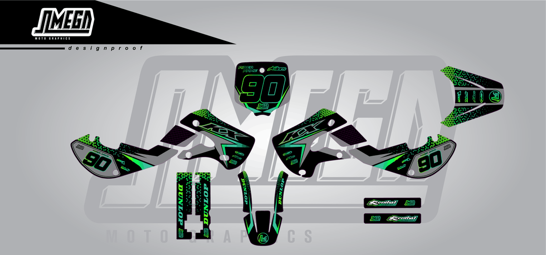 kawasaki kx 65 bright sticker kit flat lay
