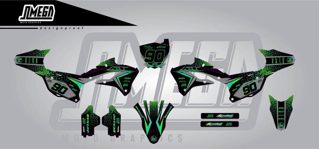 kawasaki kx 85 bright sticker kit flat lay