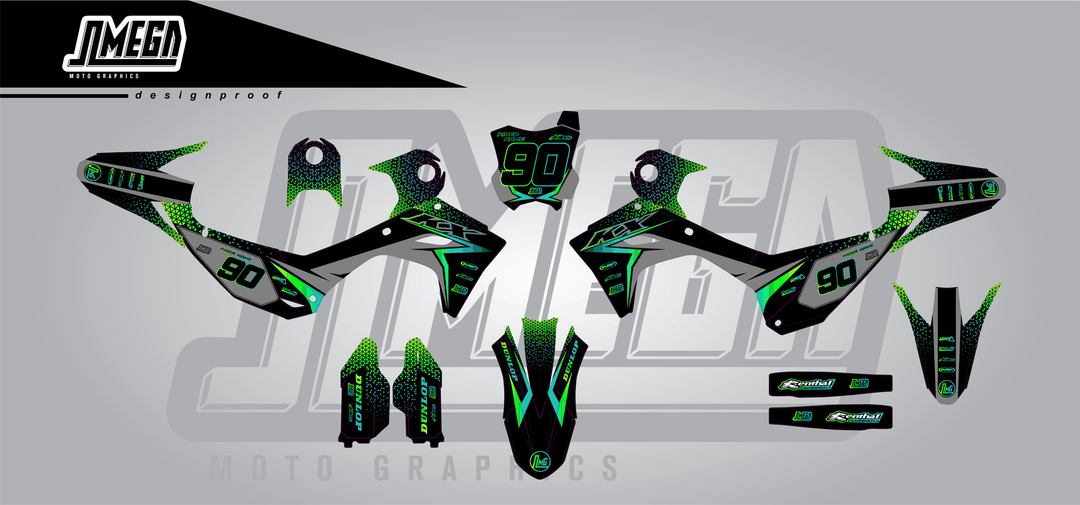 kawasaki kxf 250 bright sticker kit flat lay