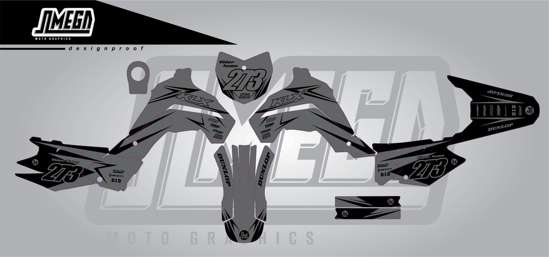 kawasaki klx 140 clean grey sticker kit flat lay