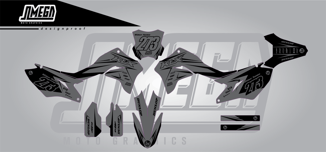 kawasaki klx 300r clean grey sticker kit flat lay