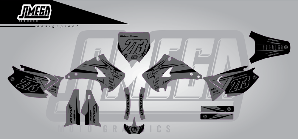 kawasaki kx 125 clean grey sticker kit flat lay