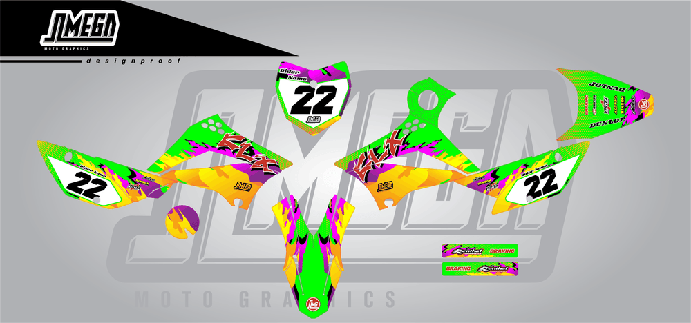 kawasaki klx 110 dance fever sticker kit flat lay