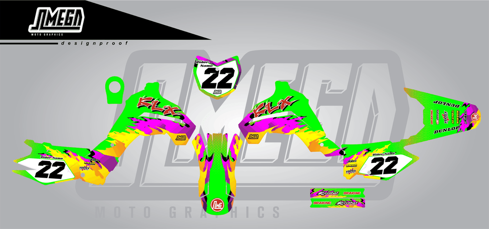 kawasaki klx 140 dance fever sticker kit flat lay