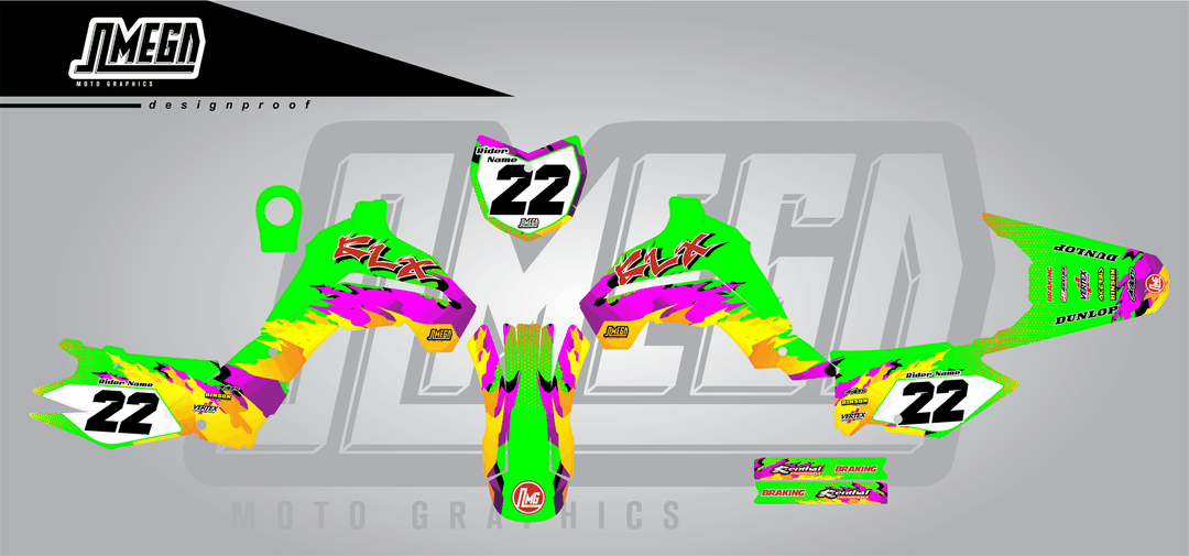 kawasaki klx 140 dance fever sticker kit flat lay