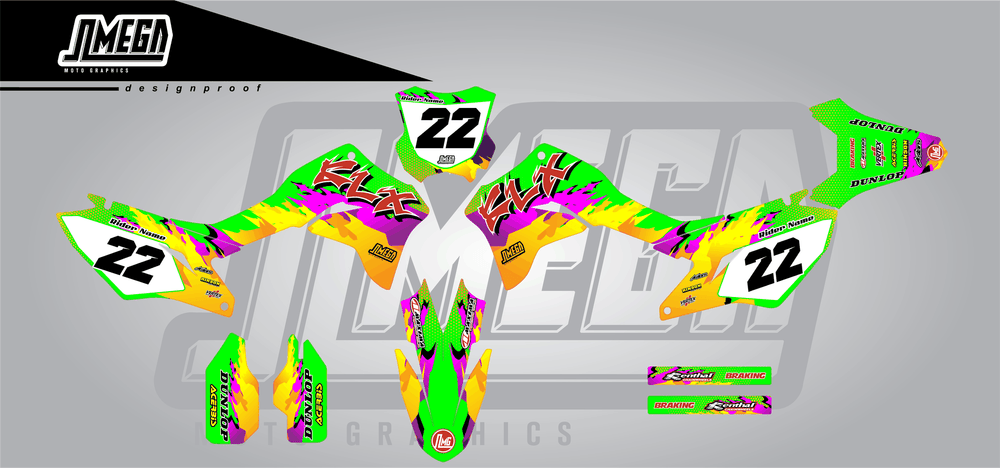 kawasaki klx 300r dance fever sticker kit flat lay