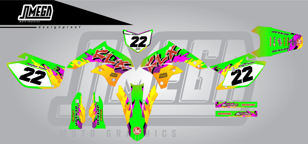 kawasaki klx 450 dance fever sticker kit flat lay