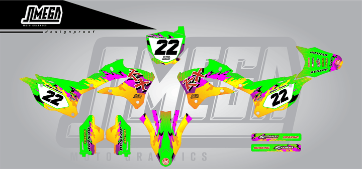 kawasaki kx 112 dance fever sticker kit flat lay