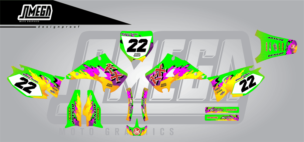 kawasaki kx 125 dance fever sticker kit flat lay