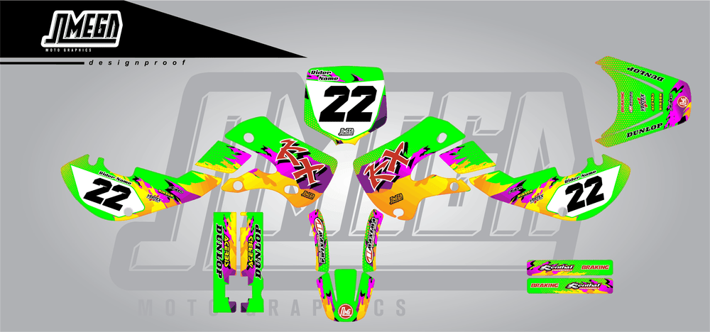 kawasaki kx 65 dance fever sticker kit flat lay