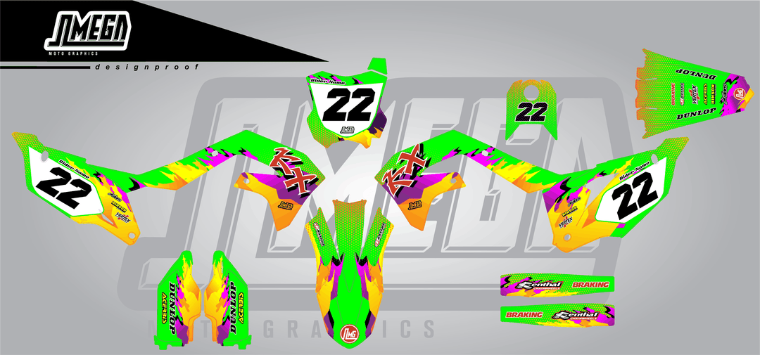 kawasaki kxf 250 dance fever sticker kit flat lay