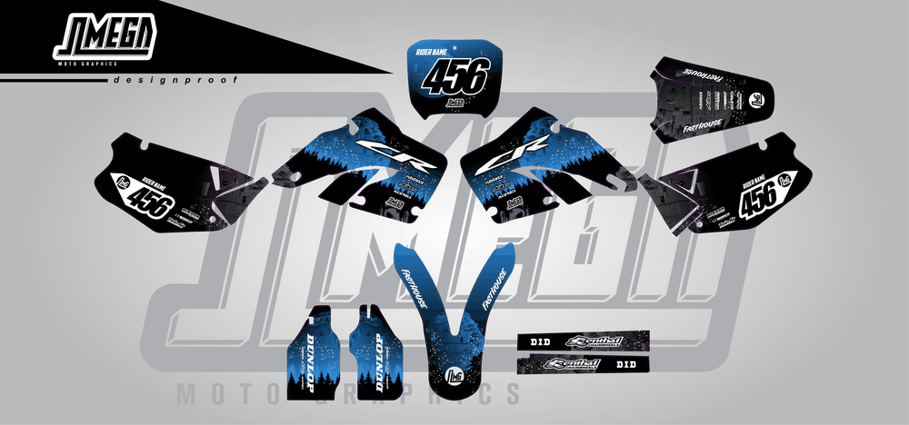 honda cr 250 blue death star sticker kit flat lay