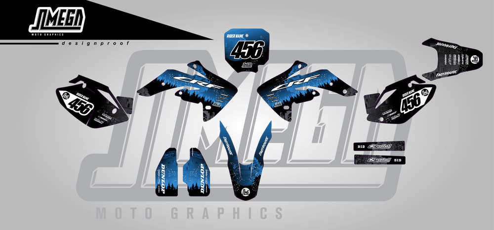 honda crf 150r blue death star sticker kit flat lay