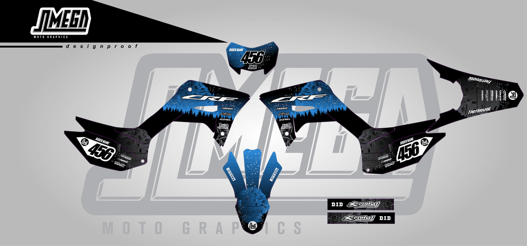 honda crf 250f blue death star sticker kit flat lay